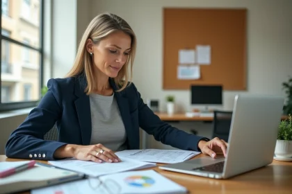 Responsable d'association féminine analysant des documents de gestion de trésorerie à son bureau dans les locaux d'une association