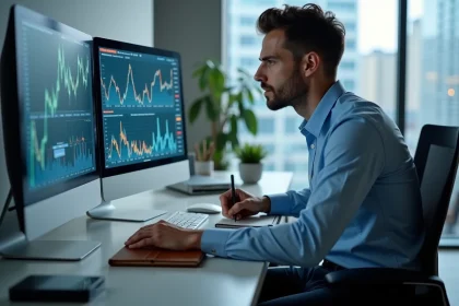 Manager de portefeuille en bureau moderne regardant un &eacute;cran