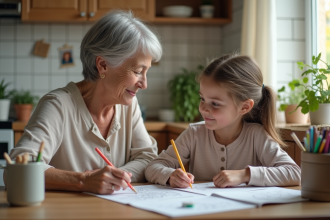 Sage retraitée et petite fille coloriant ensemble dans la cuisine