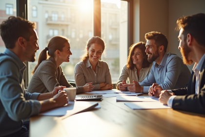 Groupe de professionnels discutant finances en réunion