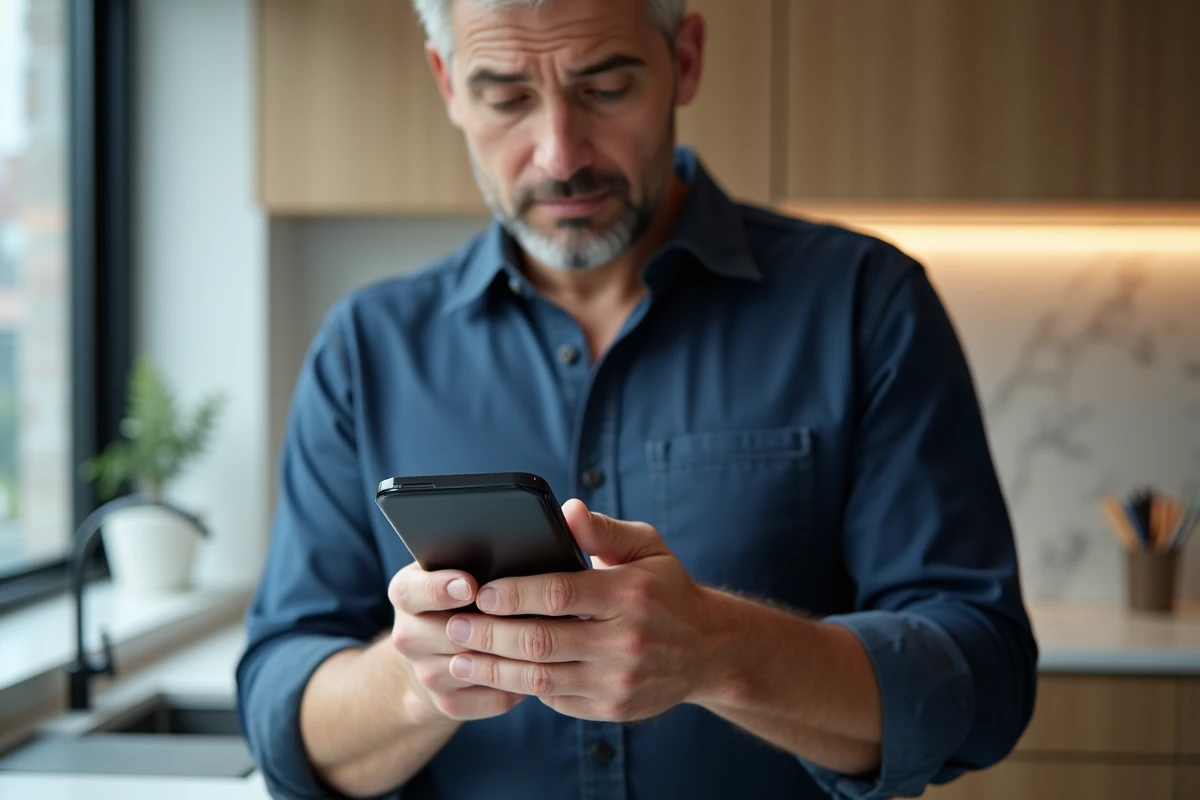 Homme activant les alertes SMS sur l'application mobile bancaire Caisse d'Epargne depuis son smartphone