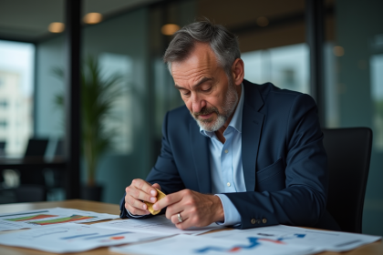 Homme d'affaires examine un lingot de bronze dans un bureau moderne