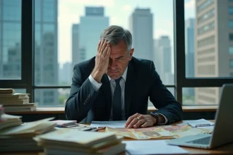 Homme d'affaires préoccupé devant un bureau chargé de billets