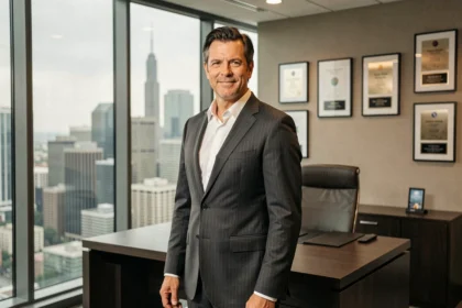 Portrait d'un homme d'affaires prospère en costume sur mesure dans un bureau moderne avec vue sur la ville, illustrant la fortune et le succès au sommet d'une carrière