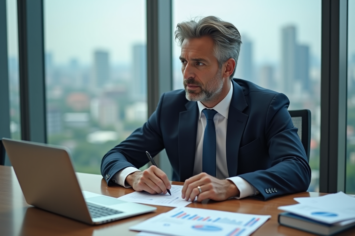 Homme d'affaires concentré devant ses documents dans un bureau moderne