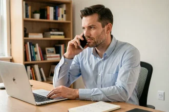 Homme en chemise bleue préparant un appel téléphonique à Cofidis depuis son bureau à domicile