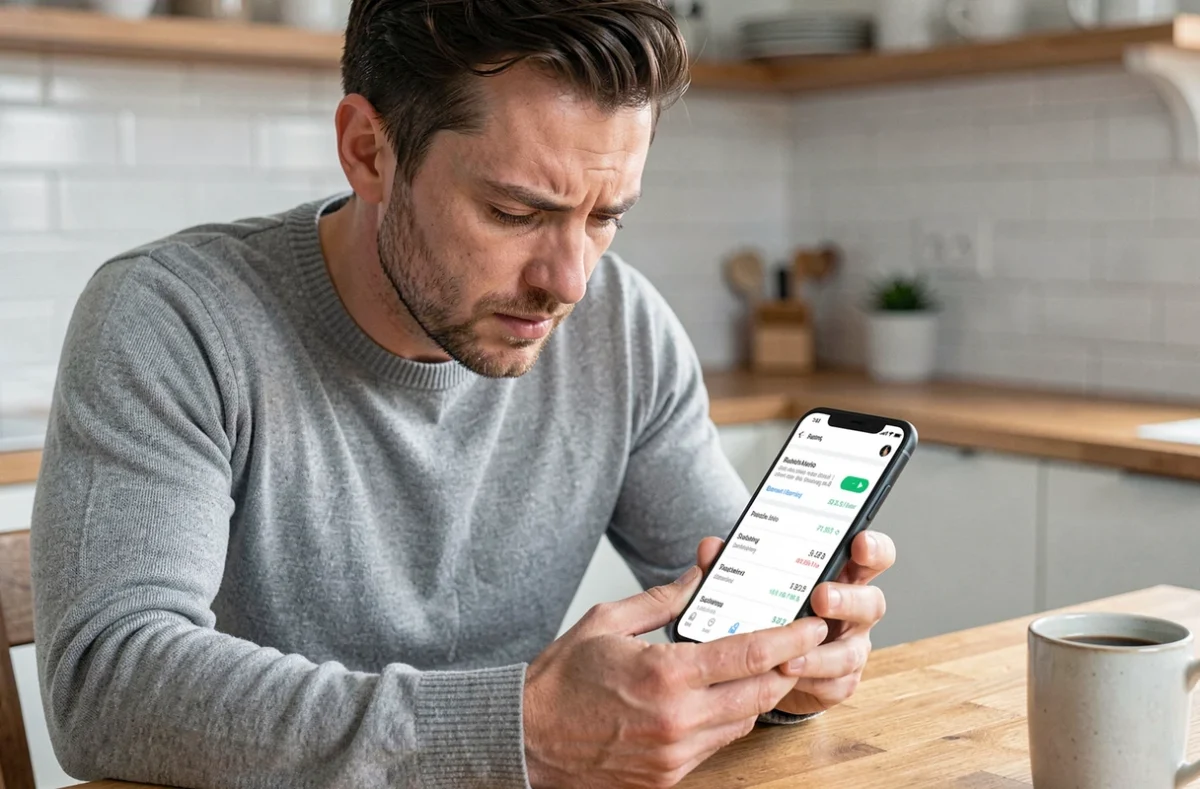 Homme consultant une application bancaire mobile pour comprendre un libellé de paiement incompréhensible