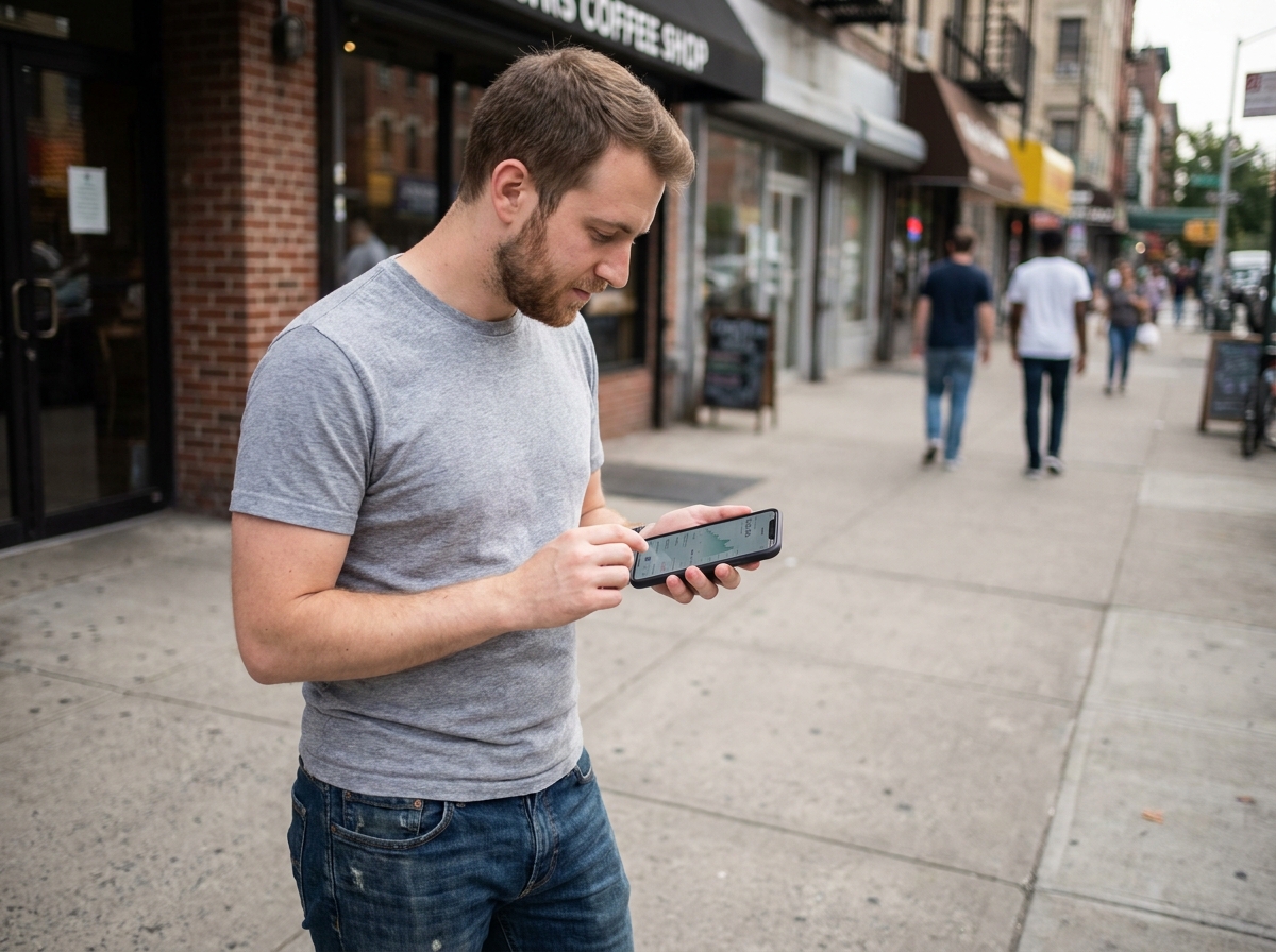 Homme consultant une application financière sur smartphone en ville pour obtenir de l'argent rapidement