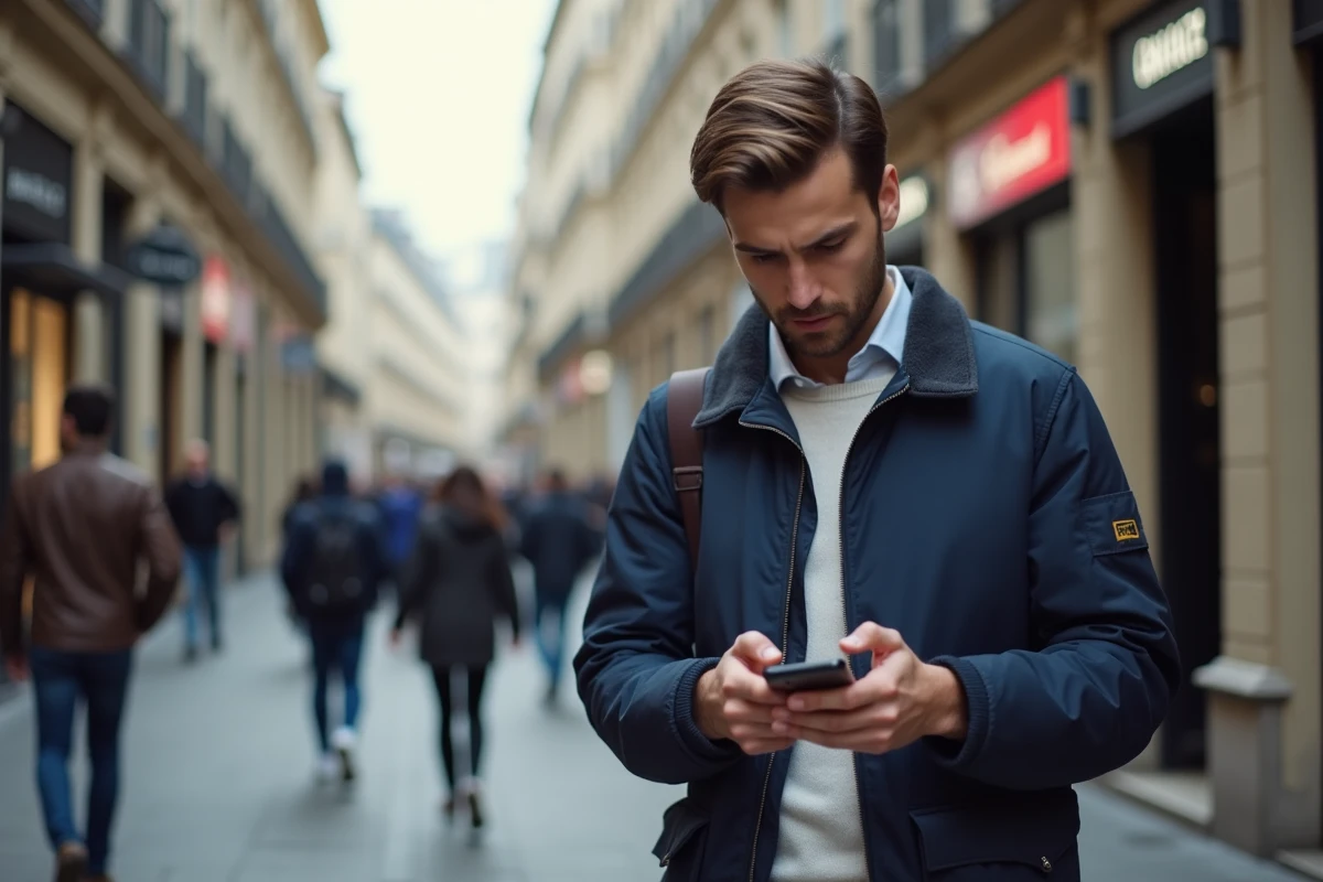 Homme consultant l'application LCL Mes Comptes sur smartphone en milieu urbain