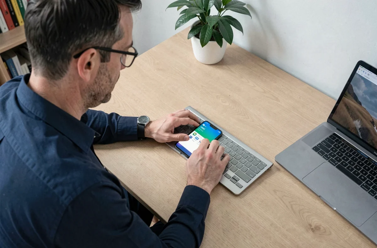 Homme vérifiant son application Nickel sur smartphone pour suivre un virement entrant sans SMS payant