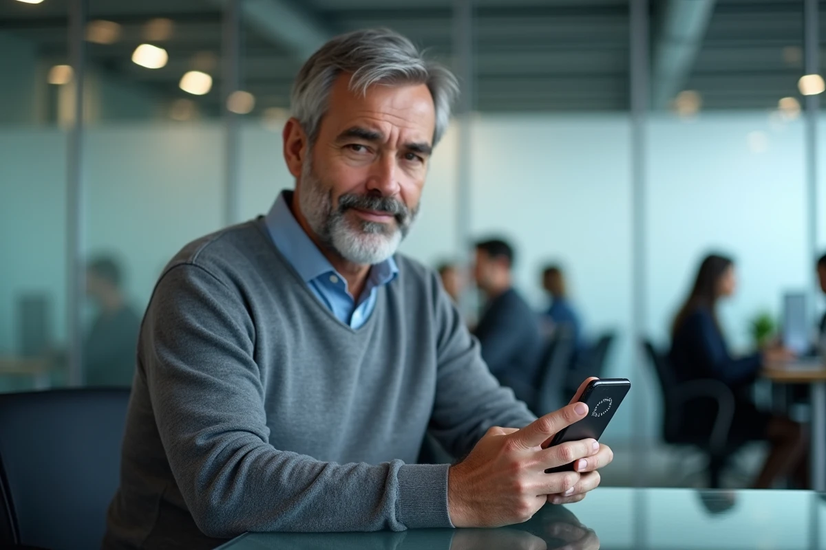 Homme utilisant l'authentification à deux facteurs sur smartphone dans un bureau professionnel