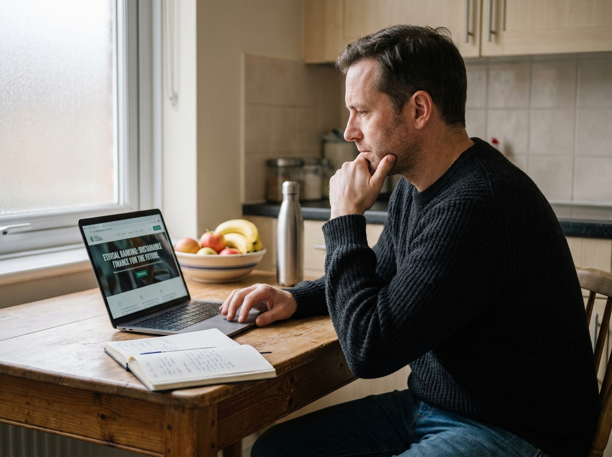 Homme consultant un site de banque éthique depuis chez lui, illustrant un choix bancaire responsable