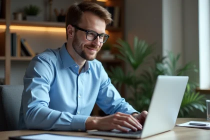 Homme d'affaires au bureau avec ordinateur portable