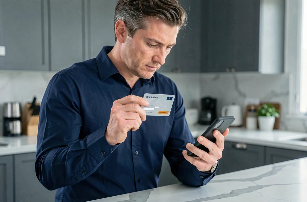 Homme comparant une carte bancaire classique et une application bancaire mobile dans une cuisine moderne
