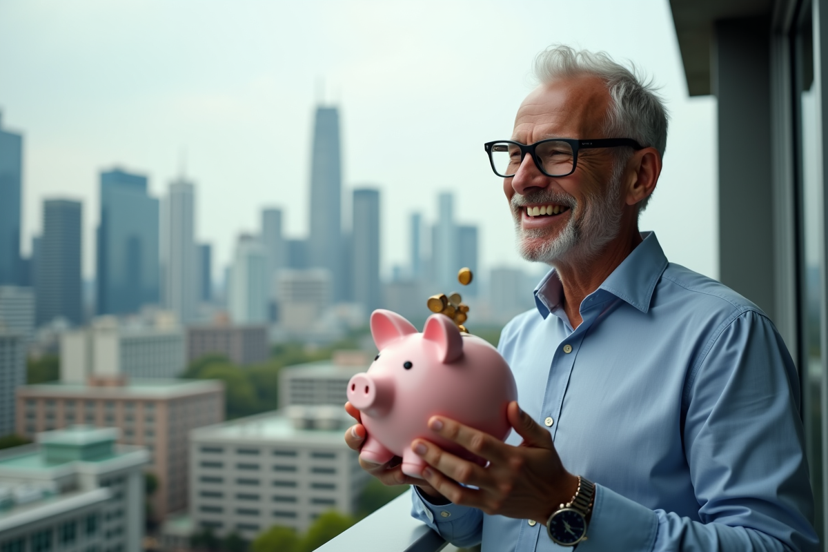 Homme souriant avec tirelire pleine de billets euros