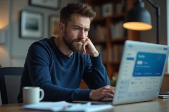 Homme consultant son compte PayPal sur un ordinateur portable avec une transaction en attente affichée à l'écran