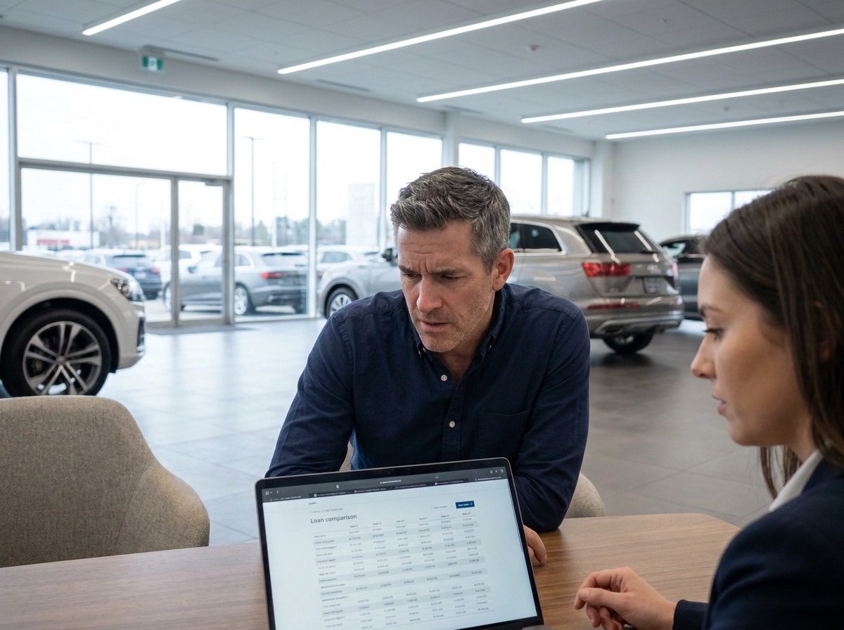 Homme consultant une simulation de crédit automobile avec un vendeur dans une concession