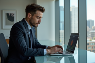 Jeune homme en costume étudiant des graphiques crypto