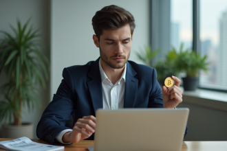 Jeune homme en costume noir étudie des graphiques crypto