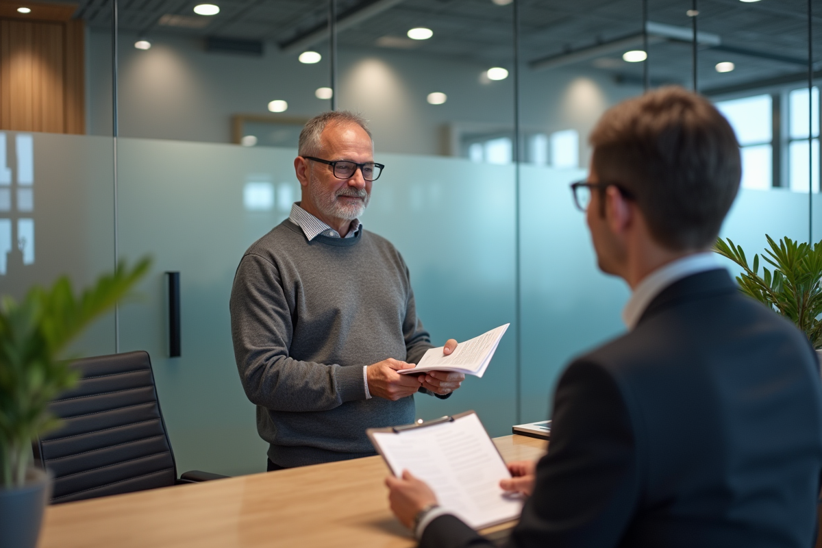 Homme remettant des papiers à un conseiller bancaire