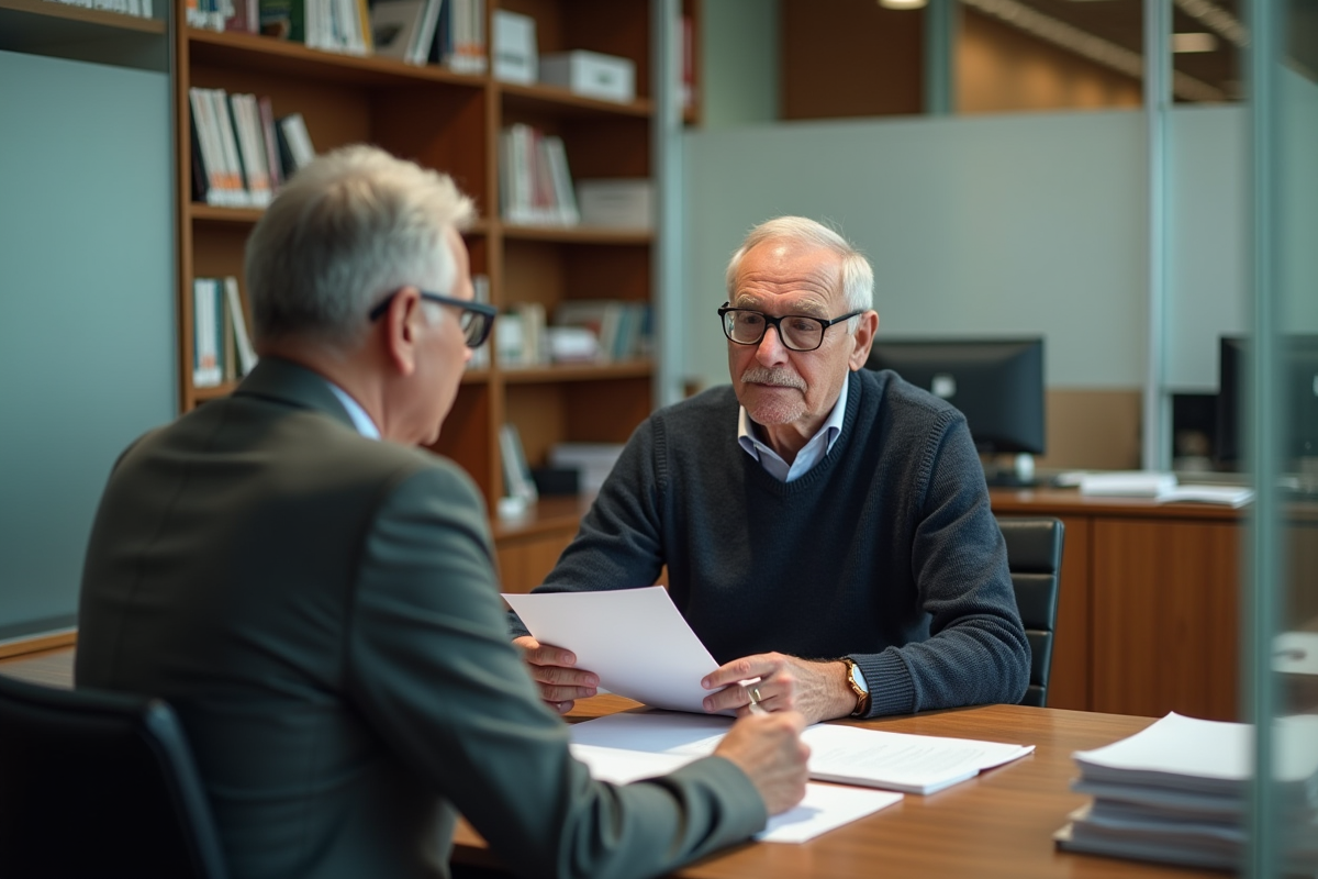 Homme âgé discutant avec un conseiller financier au bureau