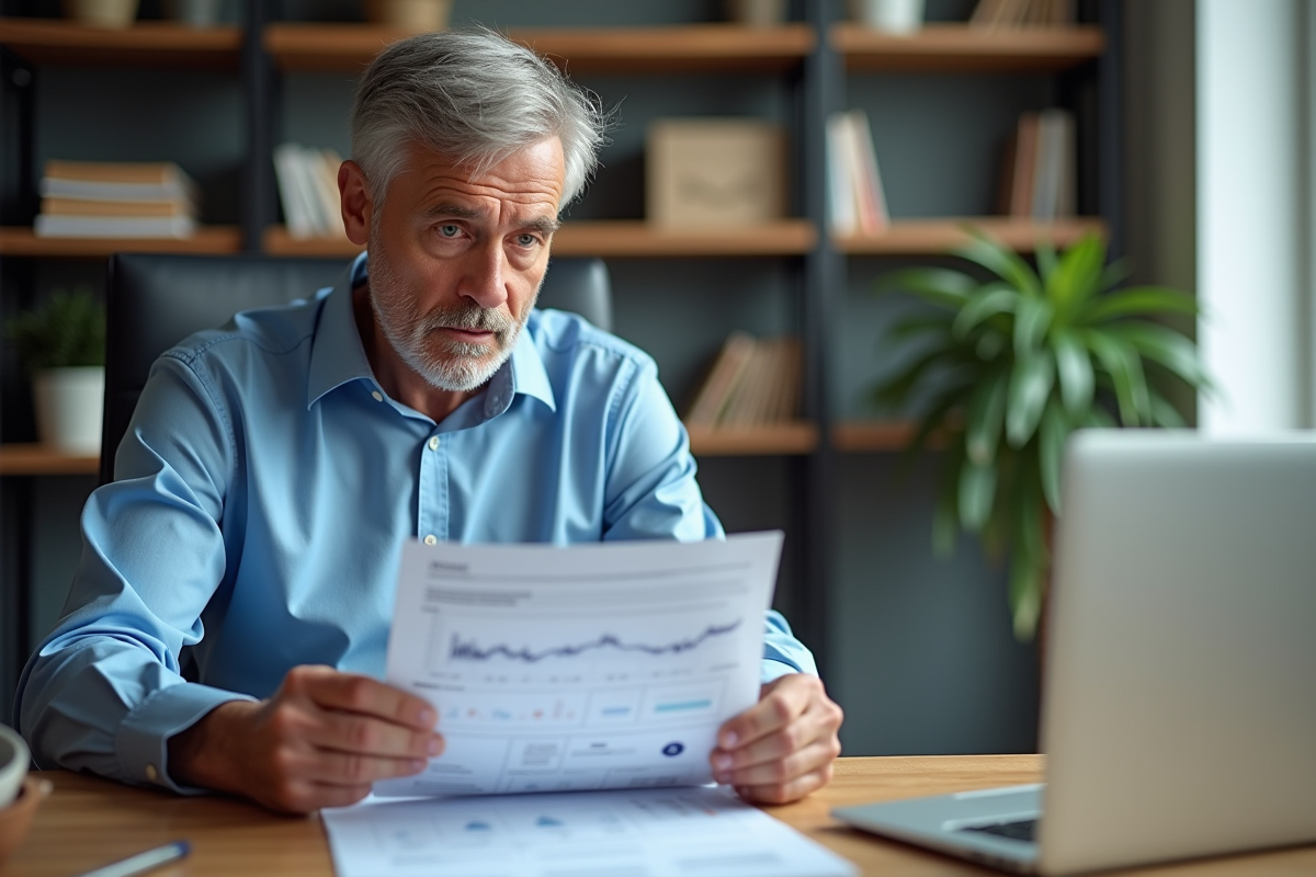 Homme d'âge moyen en bureau moderne analysant un document financier