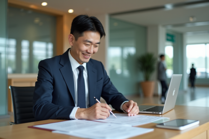 Homme japonais en costume bleu examine des documents bancaires