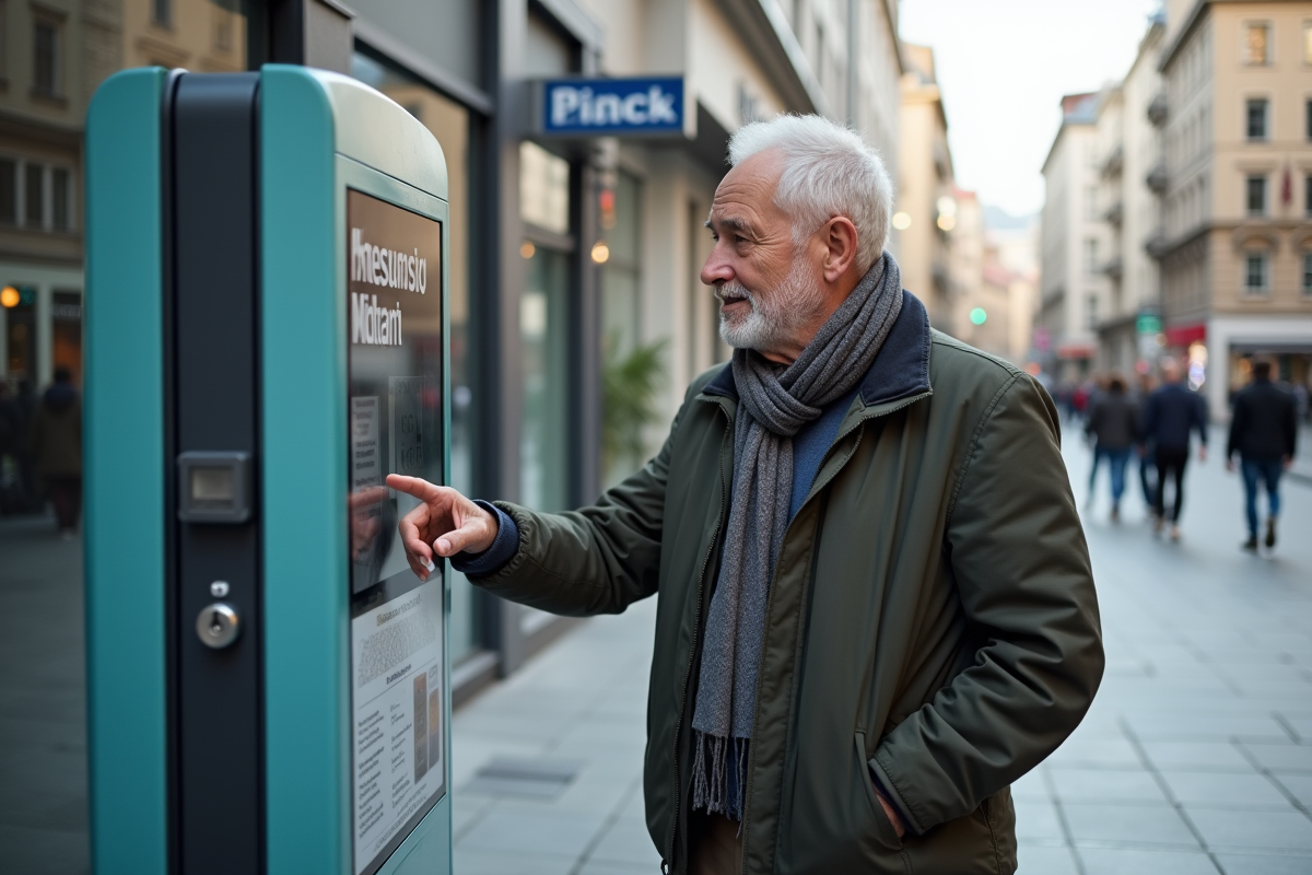 Homme âgé utilise un écran tactile en extérieur urbain