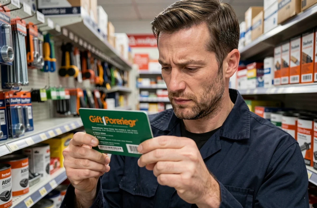 Homme lisant les conditions d'utilisation d'une carte cadeau illicado dans un magasin de bricolage