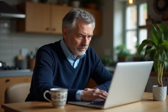 Homme d'âge moyen travaillant sur son ordinateur à la maison