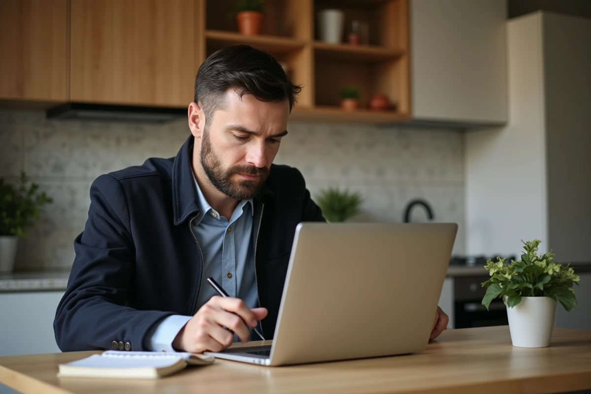 Homme comparant devis auto dans une cuisine chaleureuse