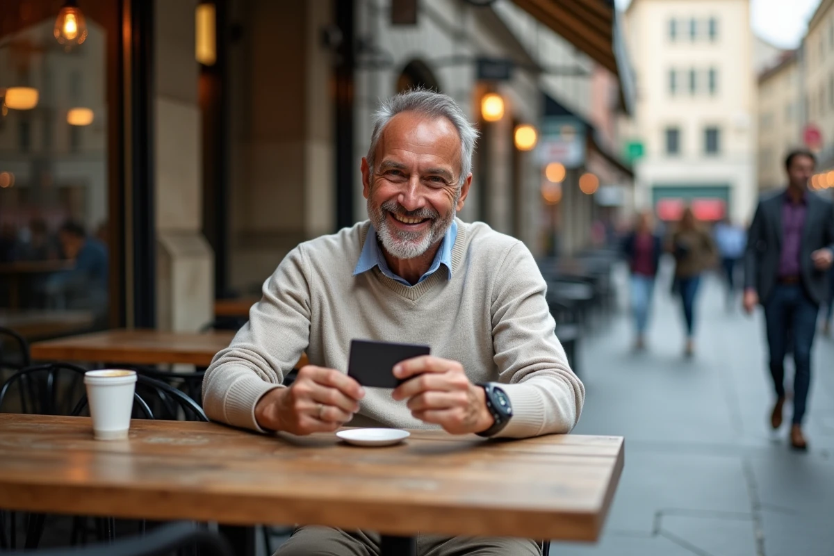 Homme souriant effectuant un paiement sans contact au café en ville