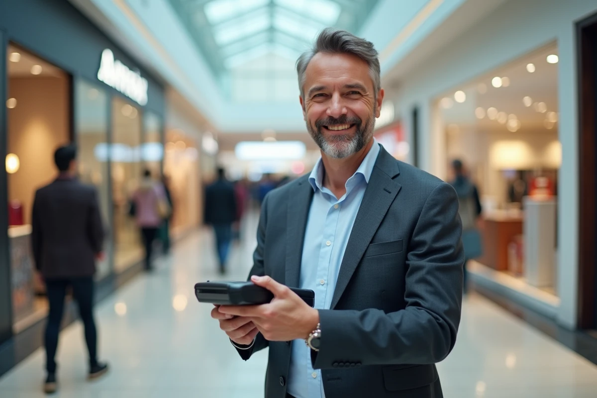 Homme souriant utilisant un terminal de paiement en centre commercial