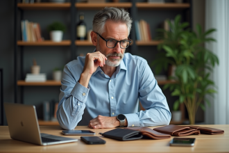 Homme d'âge moyen examine des portefeuilles et appareils numériques dans un bureau moderne