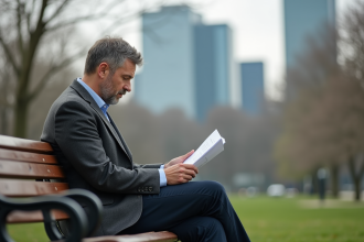 Homme d'âge moyen assis sur un banc de parc contemplant une lettre