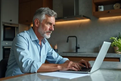 Homme d'&acirc;ge moyen regardant son ordinateur en cuisine