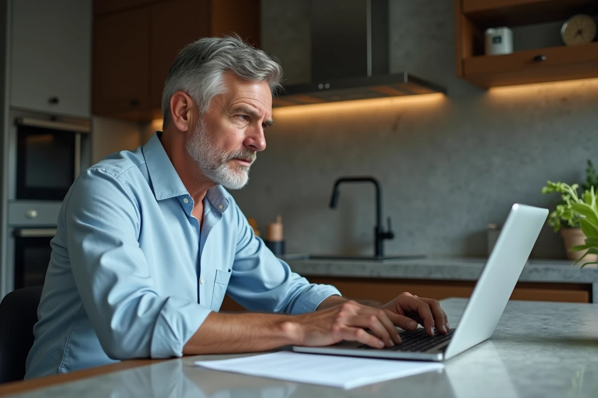 Homme d'âge moyen regardant son ordinateur en cuisine