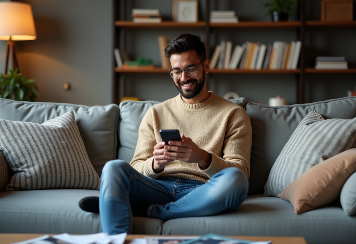Jeune homme relaxe utilise son smartphone pour la banque