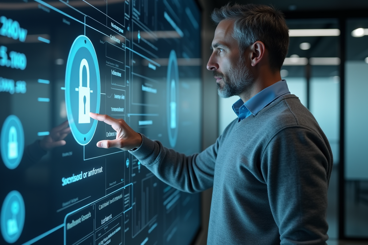 Homme en tenue casual utilisant une interface de coffre-fort digital