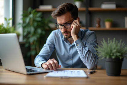 Homme pensif au bureau moderne avec ordinateur portable