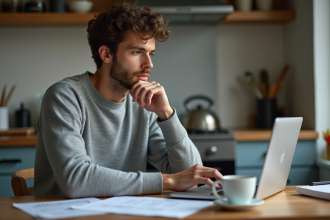 Homme concentré travaillant sur son ordinateur dans une cuisine moderne