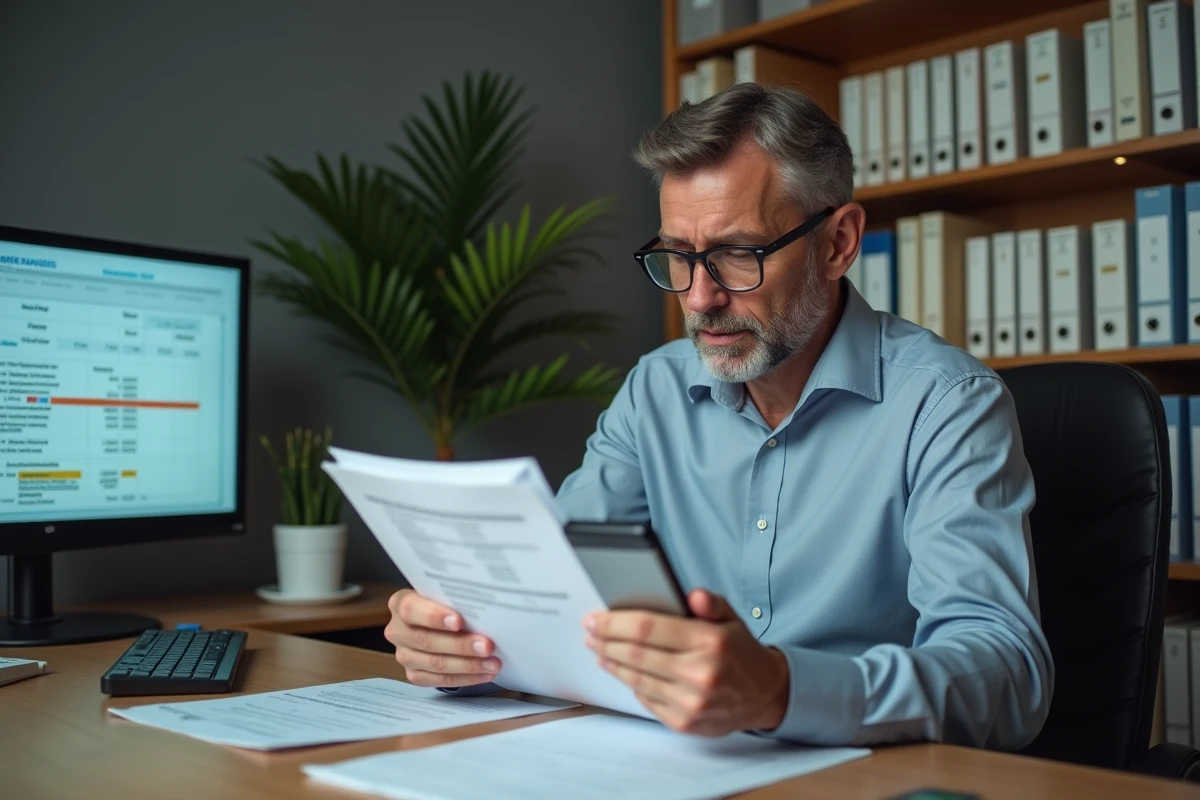 Homme d'affaires vérifiant des documents bancaires et une application mobile pour identifier un virement non expliqué de 1745 euros