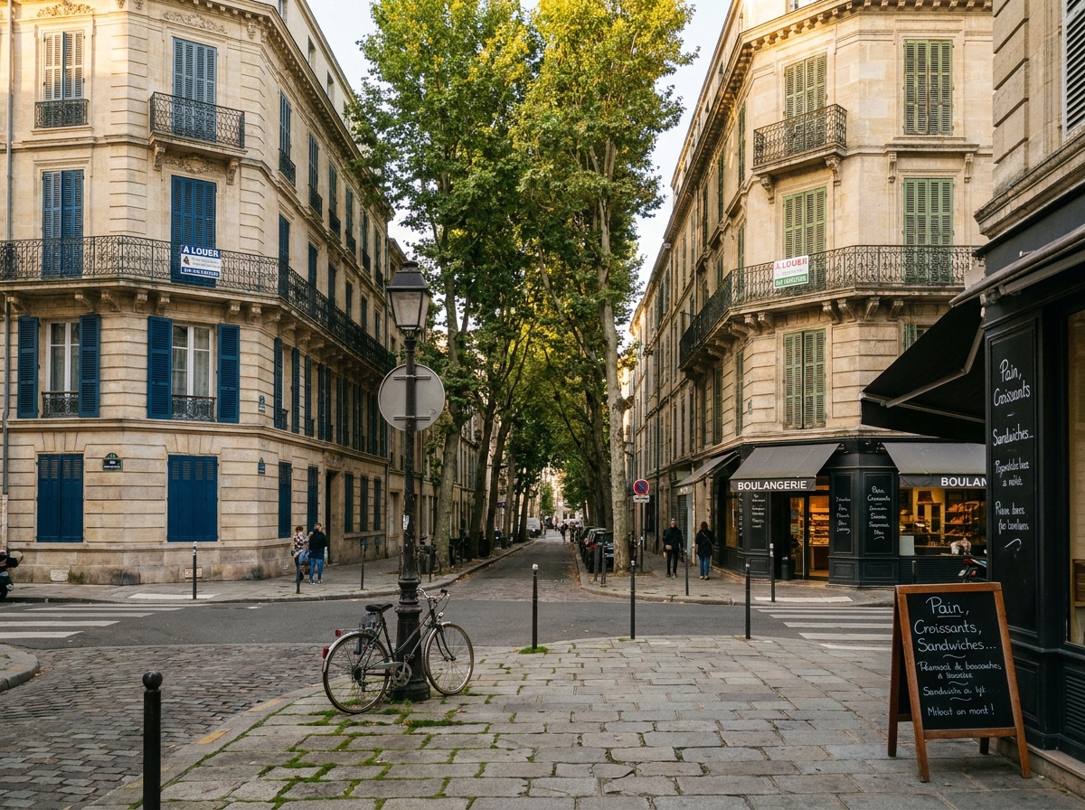 Immeubles résidentiels avec panneaux de location dans une rue typique d'une ville française pour investissement locatif
