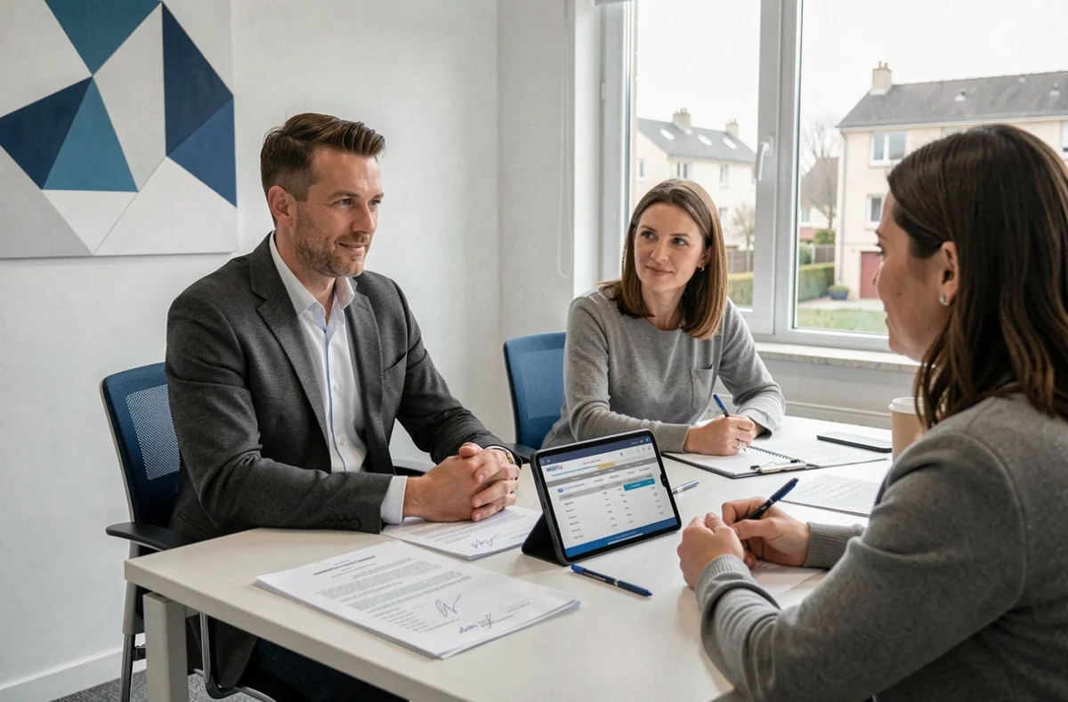 Un conseiller IN&FI Crédits à Villejuif présente un tableau d'amortissement à un couple lors d'une réunion de validation de prêt immobilier
