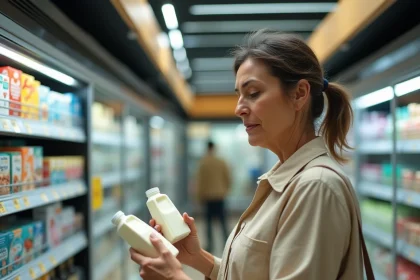 Femme comparant les prix dans un supermarché français, illustrant le ressenti de l'inflation sur le budget des ménages en 2026