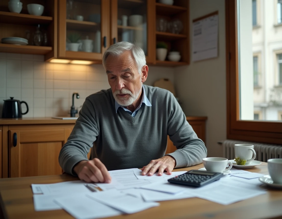 Homme consultant ses factures et son budget mensuel à la cuisine, symbolisant l'écart entre statistiques officielles de l'inflation et dépenses réelles du foyer