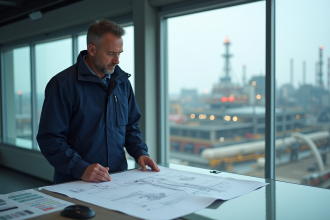 Ingénieur homme en veste bleue examine plans dans centre moderne