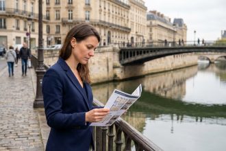 Investisseuse immobilière étudiant un dossier de bien locatif sur les quais d'une ville française entre Nantes et Rennes