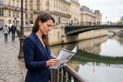 Investisseuse immobilière étudiant un dossier de bien locatif sur les quais d'une ville française entre Nantes et Rennes