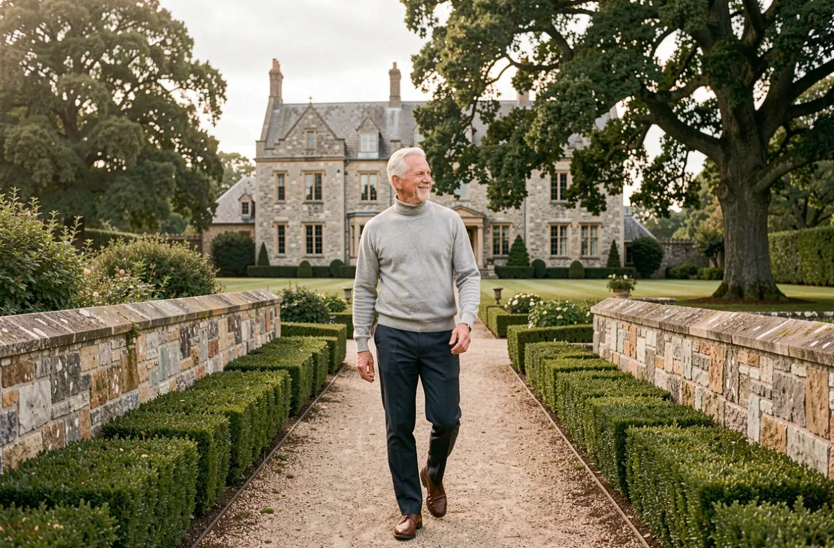 Ancien footballeur se promenant dans les jardins d'un domaine luxueux, symbolisant la fortune accumulée et le style de vie aisé d'une icône du football français comme Jean-Pierre Papin